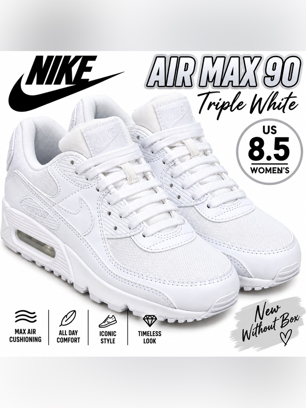 Nike Air Max 90 Triple White Women’s Size 8.5 NWOB DH8010-100